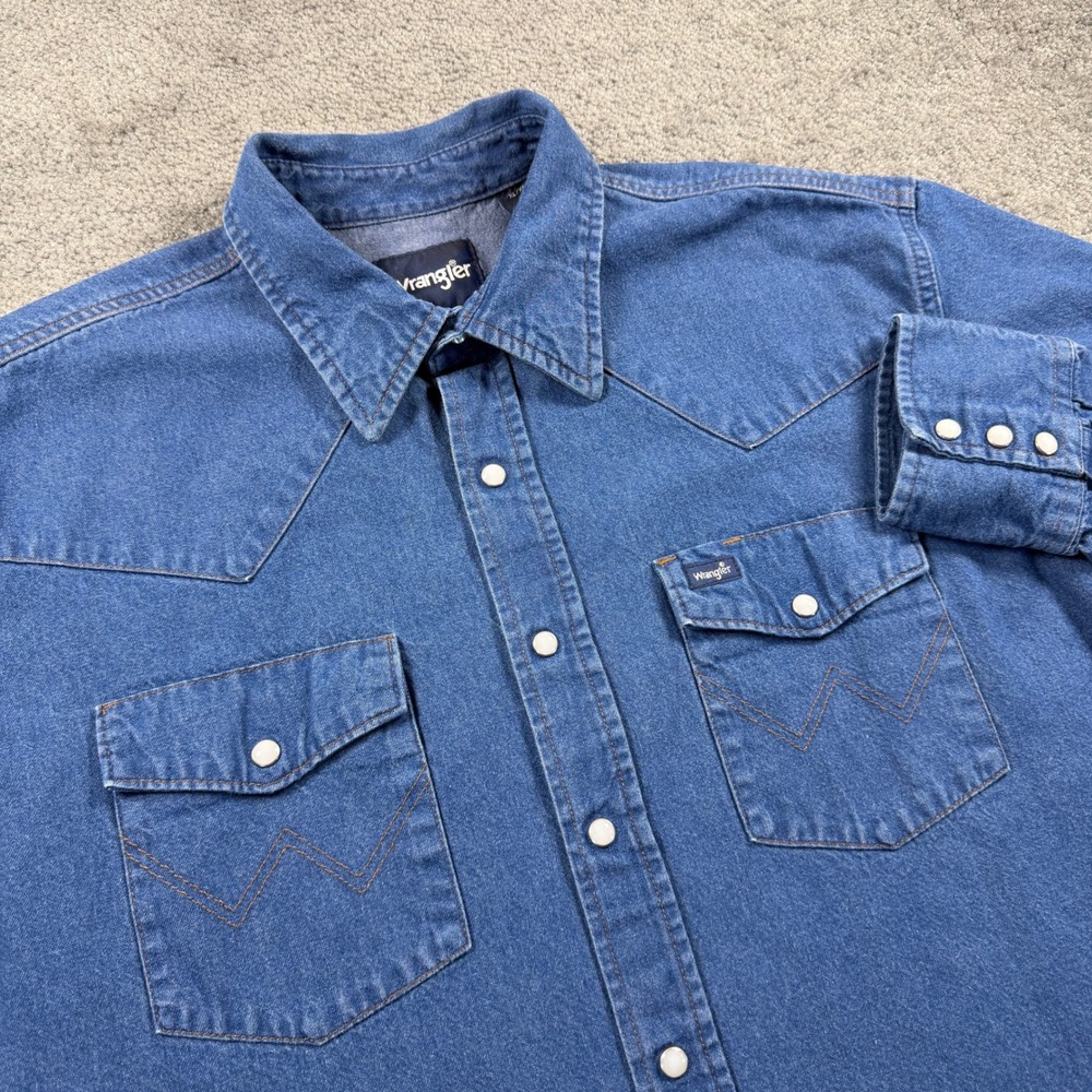 Wrangler Mens Blue Denim Western Pearl Snap Shirt XL Raw Hem